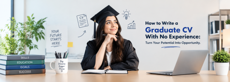 Graduate in cap and gown preparing a CV for their first job