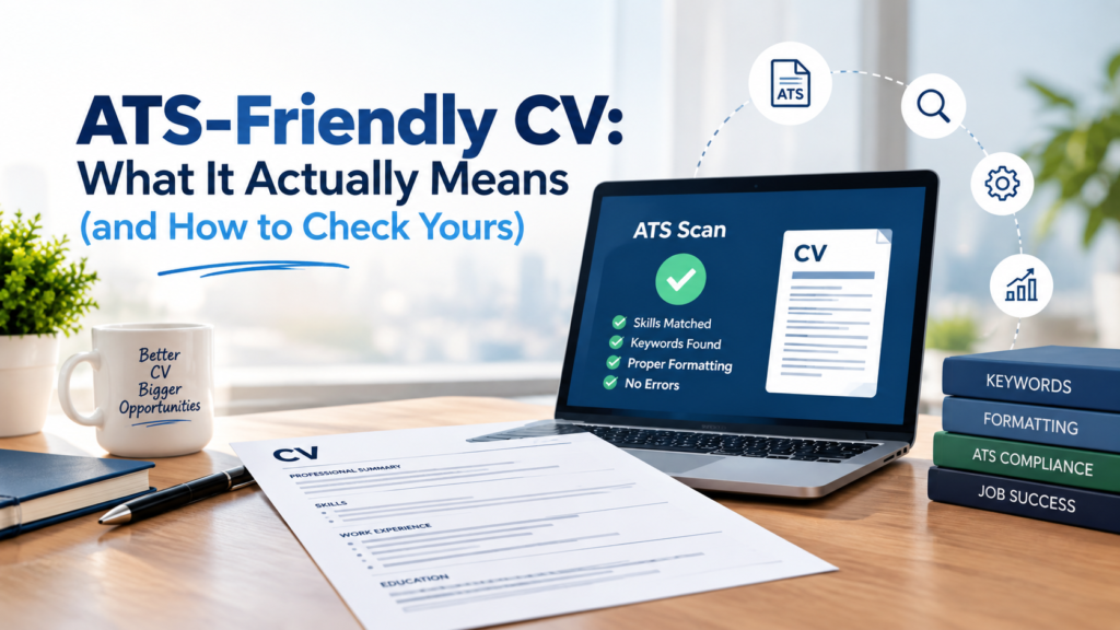 Professional ATS-friendly CV shown on a laptop with an ATS scan confirming skills, keywords, formatting, and error checks.