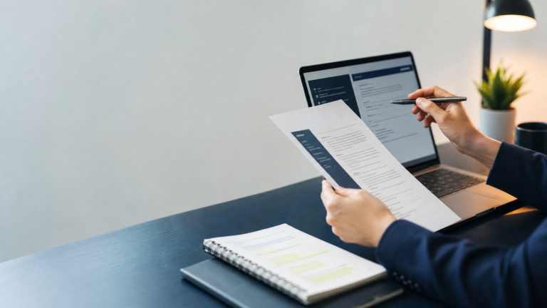 Professional reviewing a CV against a job description on a laptop.