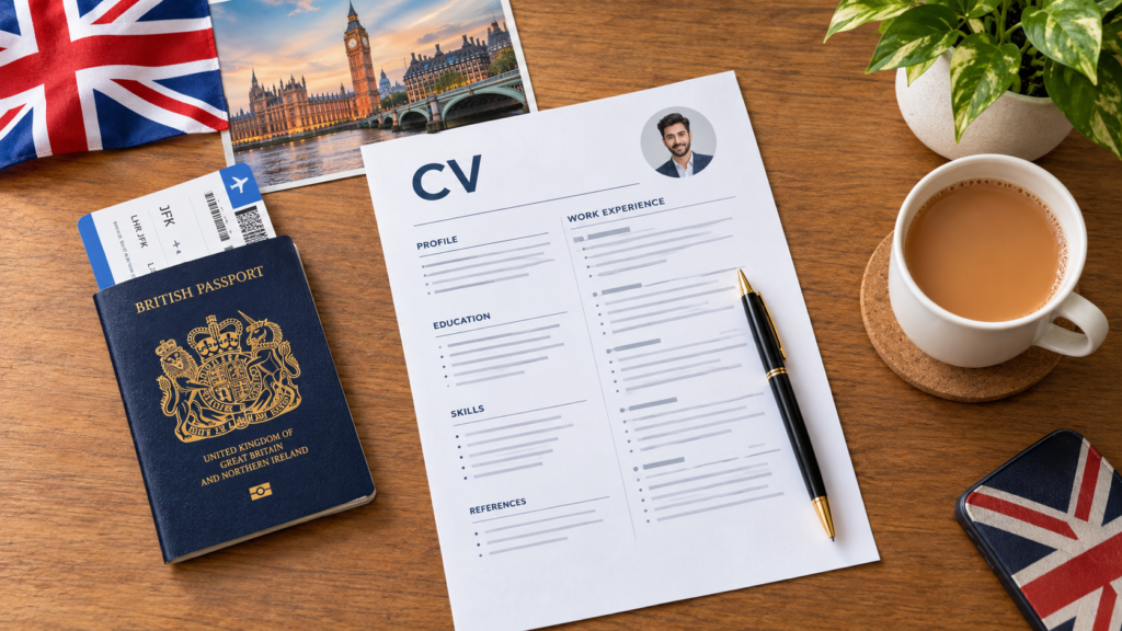 British-themed CV flat lay with a printed CV, pen, UK passport, boarding pass, London postcard, Union Jack phone, tea cup, and small plant on a wooden desk.