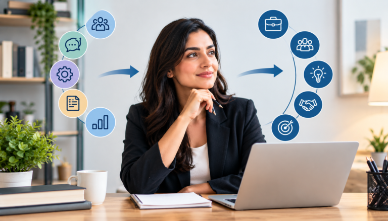 Professional woman planning a career change at her desk, with visual icons representing transferable skills, communication, teamwork, problem-solving, and career development.