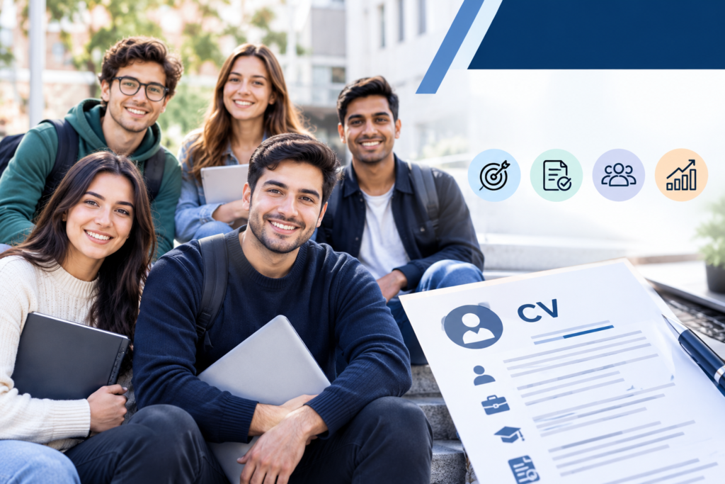 Group of diverse students smiling together with laptops, alongside a professional CV graphic and career icons, promoting CV writing and career success.