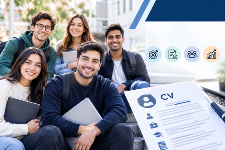 Group of diverse students smiling together with laptops, alongside a professional CV graphic and career icons, promoting CV writing and career success.
