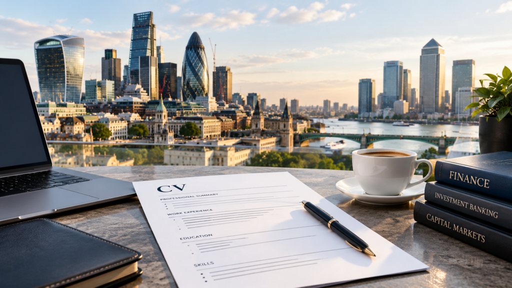 Professional finance CV on a desk overlooking the City of London and Canary Wharf skyline, with a laptop, pen, coffee, and finance books.