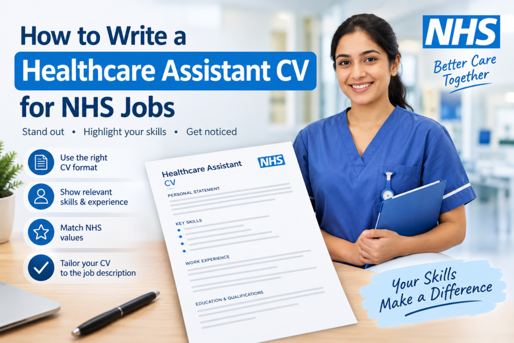 Healthcare assistant CV guide for NHS jobs, featuring a healthcare professional in blue scrubs and a sample CV document.