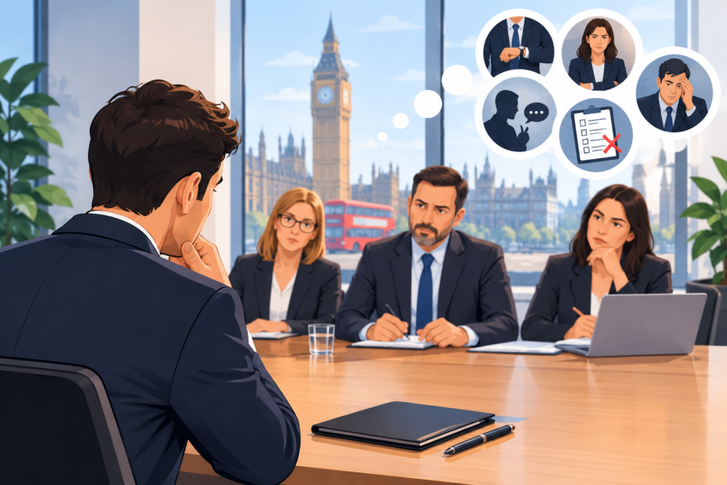 Professional illustration of a nervous job candidate facing a panel of interviewers in a London office, with Big Ben and the Houses of Parliament visible in the background.